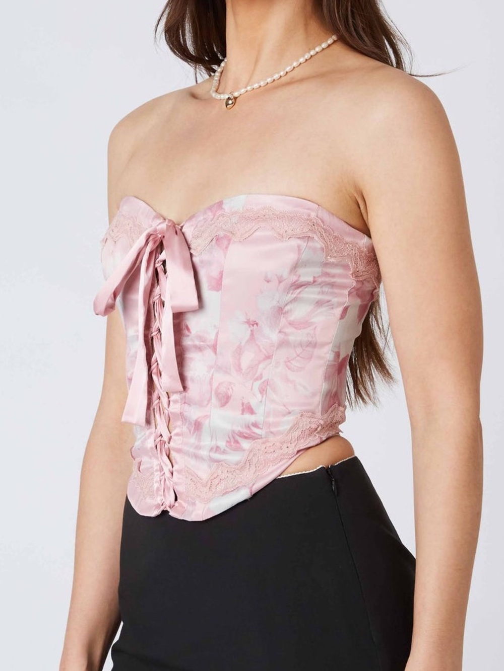 Cotton Candy La Strapless Pink Floral Lace-Up Corset Top